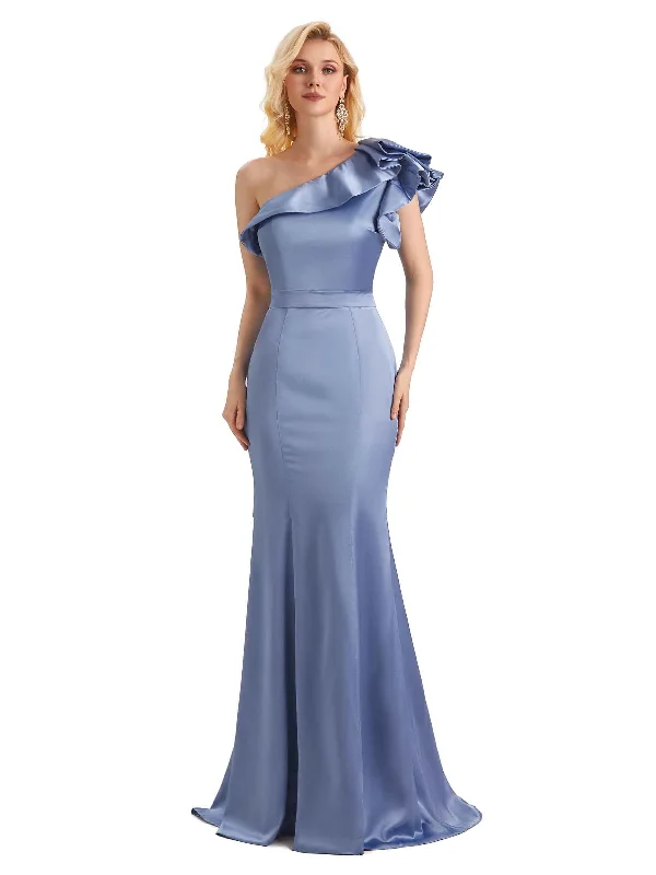 Unique Soft Satin One Shoulder Long Mermaid Bridesmaid Dresses Online